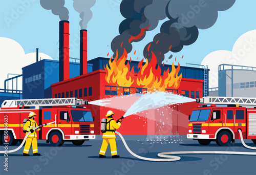 Firefighters battle blazing factory with hoses from fire trucks