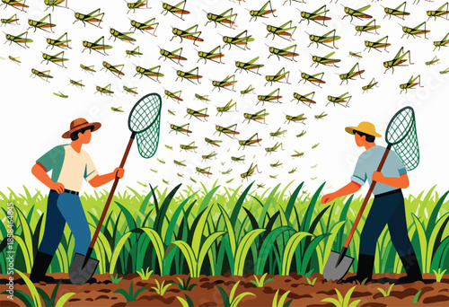 Farmers with nets and shovels battle a swarm of grasshoppers in a field