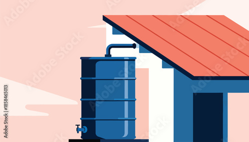 Blue water barrel with tap attached to a roof structure