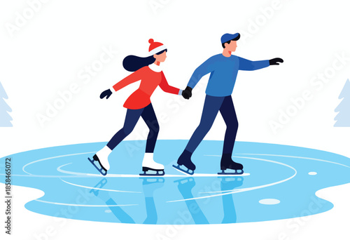 Couple holding hands ice skating on a frozen pond with trees in background