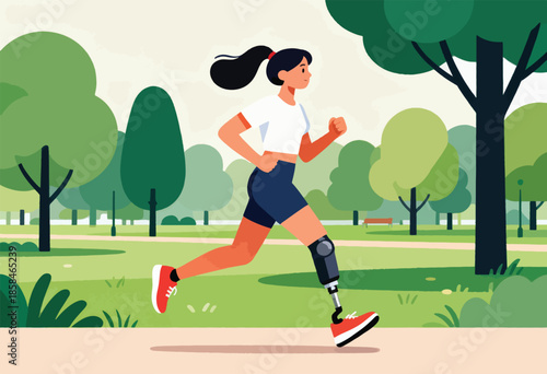 Athletic person with prosthetic leg runs through a green park on a sunny day