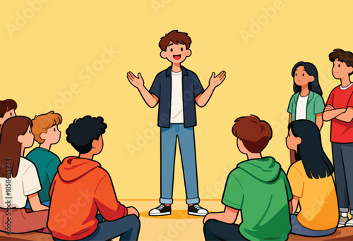 Cheerful young speaker addresses diverse group seated on floor