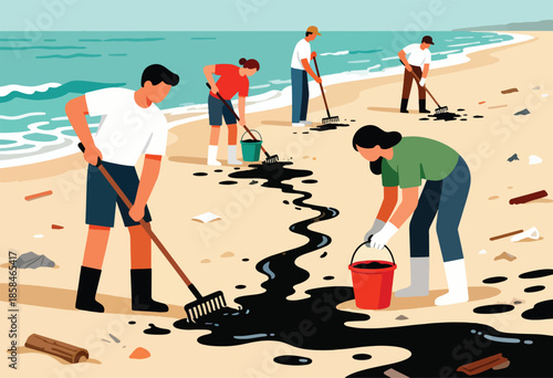 People cleaning oil spill on sandy beach with rakes and buckets