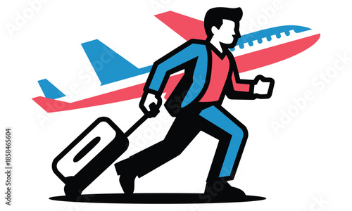 Businessman Running with Suitcase Near Airplane