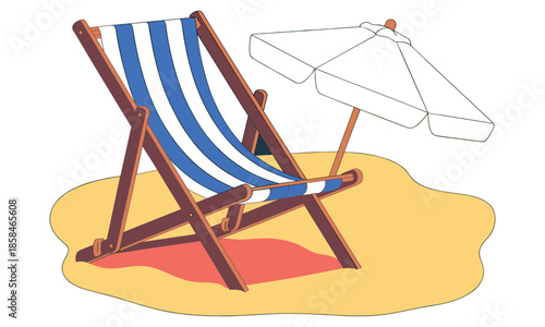 Beach Deck Chair and Umbrella on Sandy Shore Relaxation