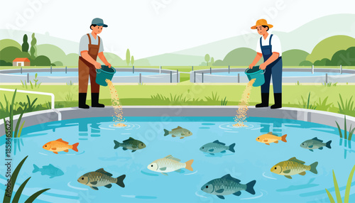 Workers feed fish in ponds at an aquaculture farm