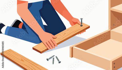 Person assembling flat-pack furniture, screwing wooden planks together