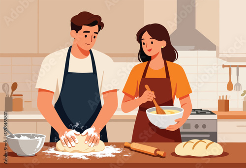 Smiling couple preparing bread together in a cozy kitchen