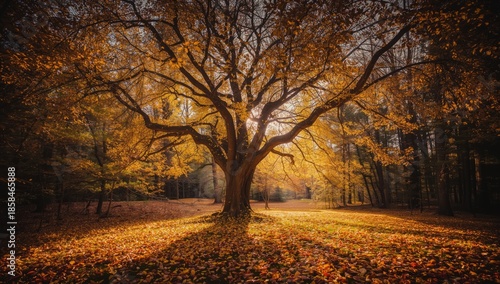 Forest scene illuminated by fall sunlight, highlighting seasonal transition and natural patterns, Earth Day
