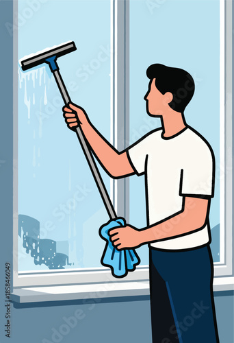 Person cleaning a window with a squeegee and cloth, leaving streaks
