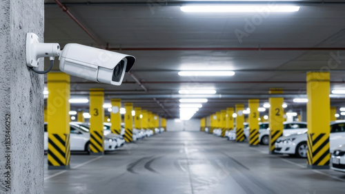 Smart Parking Surveillance: White security camera mounted on concrete pillar monitoring rows of cars in modern parking garage