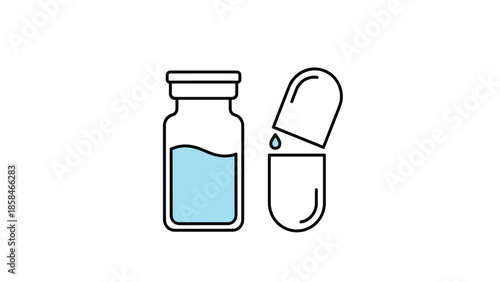 Pharmaceutical medicine bottle and a large capsule showing a liquid drop representing medical dosage or pharmaceutical research.