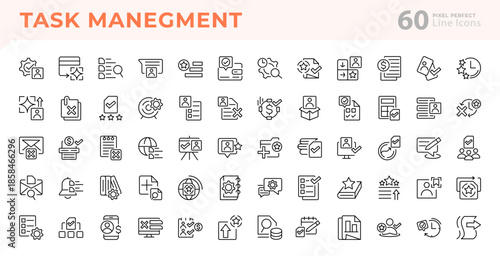 Task management line icon set. Workflow, planning, organization, checklist, calendar, deadline, progress, timing, business vector icons.