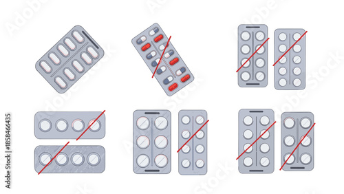 Collection of various pill blister packs with red diagonal slashes illustrating prohibited medication or warnings against certain drugs.