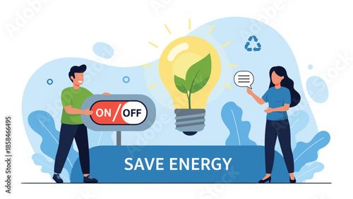 Diverse people standing near a giant lightbulb with a leaf inside promoting energy conservation and sustainable environmental practices.