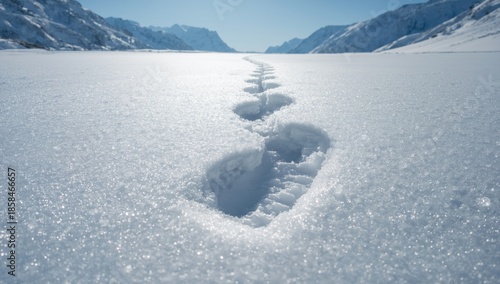 Freshly made boot print in snow illuminated by sunlight, outdoor winter landscape highlighting hiking and adventure © The 2R Artificiality