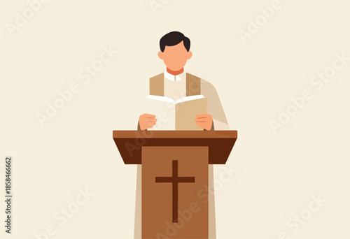 Clergy member reading from a book at a cross-adorned pulpit