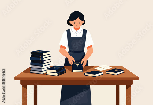 Person in uniform arranging books with crosses on a table