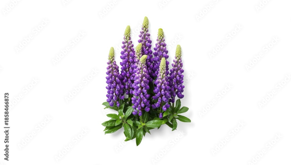 Obraz premium Purple lupine flowers on a white background, serving as a botanical illustration for creative projects