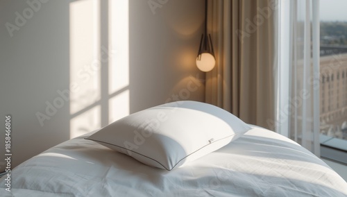 Bedroom pillow placed on a bed, emphasizing sleep aid and interior styling, under natural light, with fabric textures and household setting