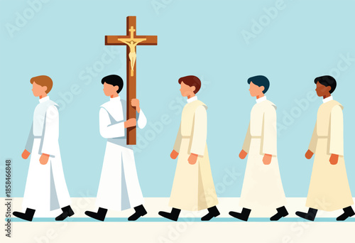 Boys in robes walk in procession carrying a crucifix