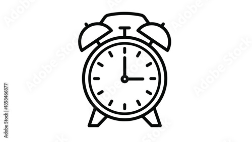 Simple black and white line art of a classic twin bell alarm clock showing three o'clock for time management or deadline concepts.