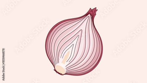 Detailed cross section of a red onion showing its internal layers and textures against a soft pastel background for food design.