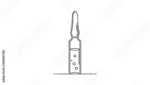 Simple black and white line drawing of a medical ampoule with liquid inside for vaccination or healthcare injection concepts.