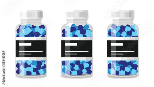 Three identical transparent medicine bottles filled with various shades of blue medical capsules arranged in a neat row.