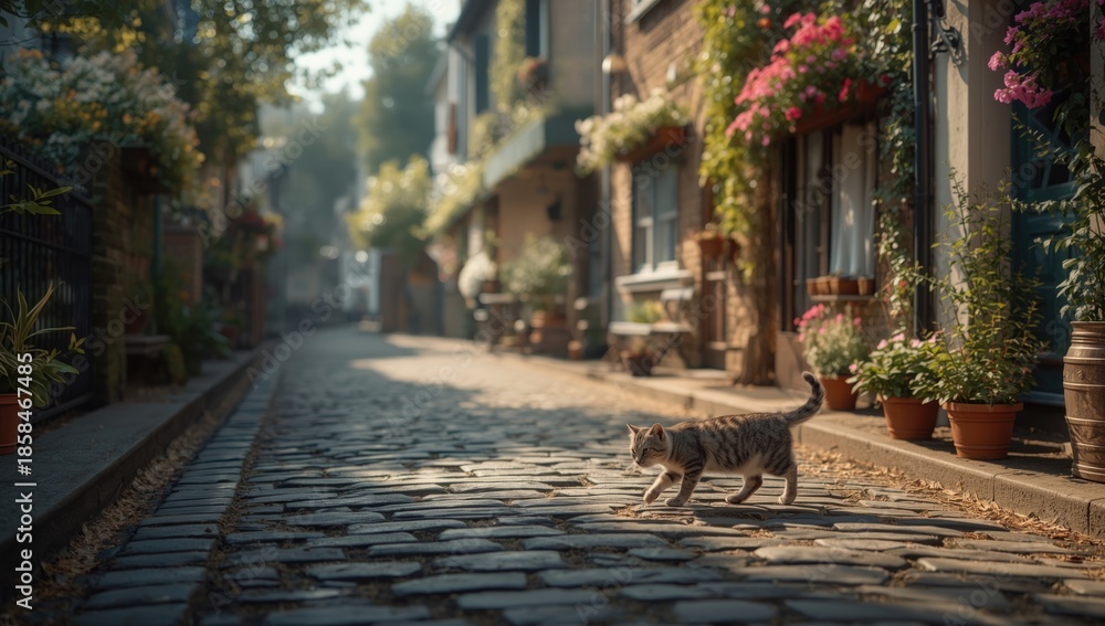 Obraz premium Village setting with a small cat exploring the streets, highlighting urban wildlife interactions