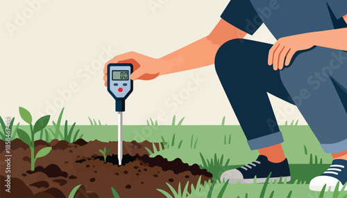 Person using a soil meter to test soil moisture near young plants