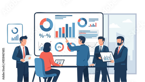 Business meeting with data analysis and presentation.