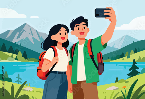 Smiling couple with backpacks takes a selfie by a serene lake and mountains