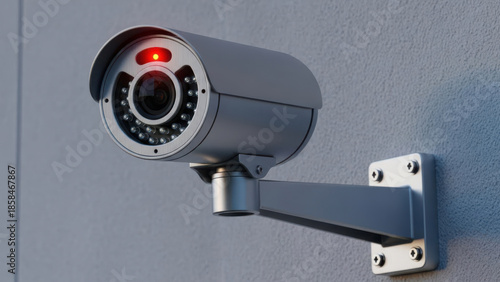 Outdoor Security Monitoring: Professional bullet cctv camera with red indicator light mounted on wall for building exterior safety.