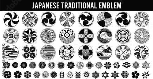 Japanese traditional emblem collection, Kamon family crest symbols, floral and geometric motifs, cultural heritage design, historical icon set, flat vector illustration