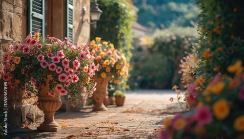 Vivid petunia flowers in a lakeside garden, suitable for landscape design projects