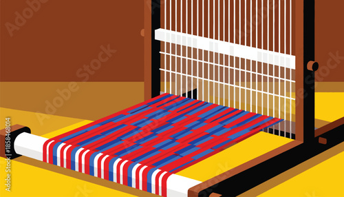 A loom with red and blue threads being woven