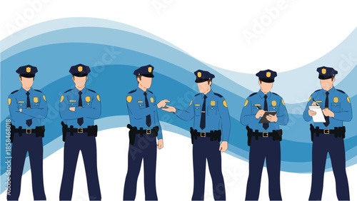 Group of Six Police Officers Standing Uniformed and Ready.