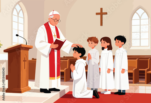 Clergyman blessing kneeling child in white robe, with others in a church