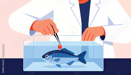 Scientist uses tweezers to attach small tag to a fish in a laboratory tank