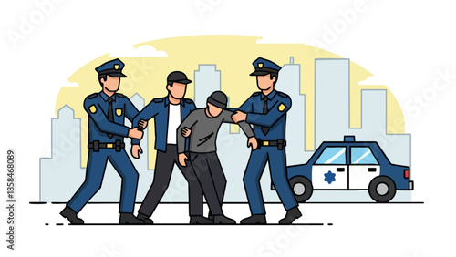 Police officers arresting a suspect on a city street.