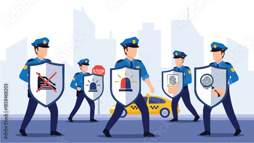 Police Officers Protecting City with Shields of Security Icons.