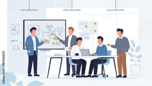 Business team collaborating on a project in a modern office setting.