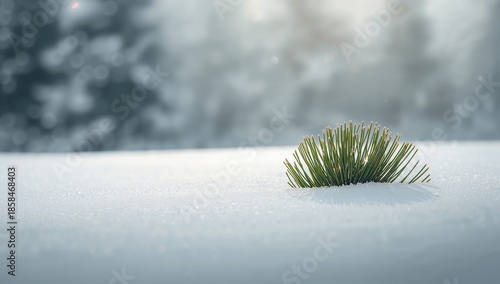 Snow-dusted green pine needles, seasonal forest detail, Earth Day