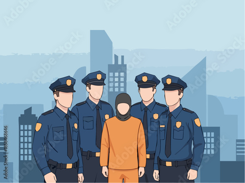 Five people in uniform with one prisoner in the middle.