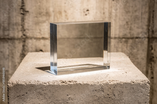 Blank e-ink screen mockup with beveled frame displayed on concrete pedestal