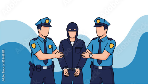 Two police officers arresting a suspect in handcuffs.