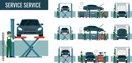 Auto repair shop service vector set featuring mechanics working on cars with hydraulic lifts tools and maintenance equipment