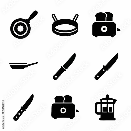 Collection of Kitchen Utensils and Appliances Icons in Black and White.
