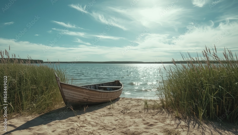 Obraz premium Reed-bound fishing boat resting on a lakeshore, used for natural scenery in environmental or tourism materials
